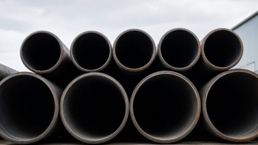 API 5L line pipe stacked in two diameter rows at a storage yard