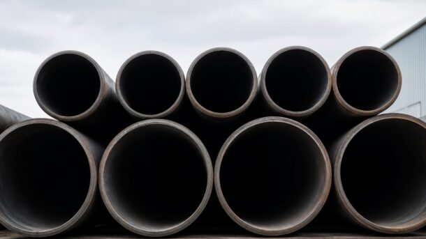 API 5L line pipe stacked in two diameter rows at a storage yard