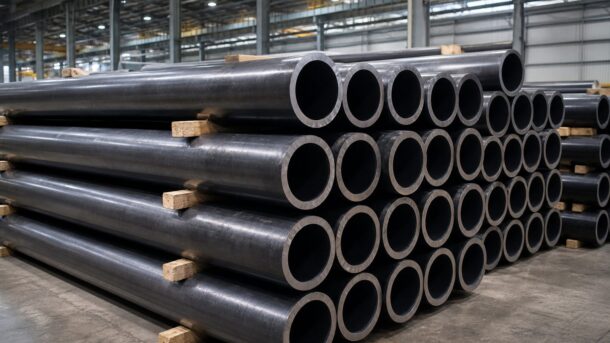 Heavy carbon steel pressure pipes organized in industrial warehouse stacks